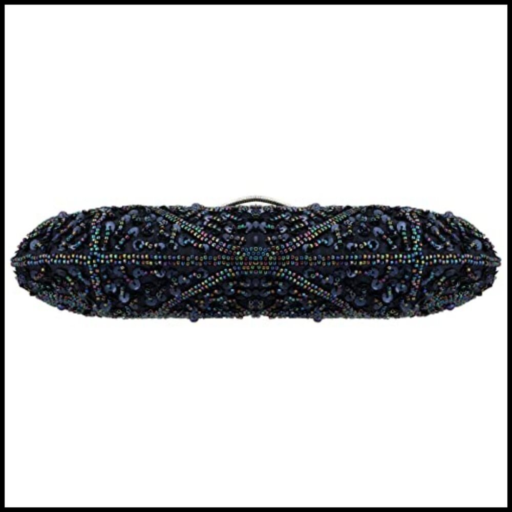 Elegant Beaded Sequin Floral Clutch Bag Detachable Wristlet Evening Purse - Picture 5 of 7